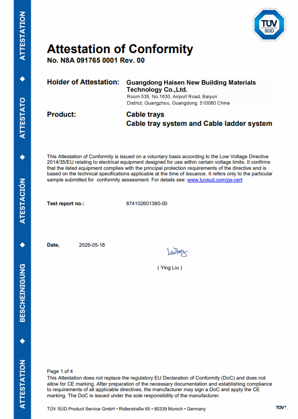 TUV SUD Attestation of Conformity - Cable Trays
